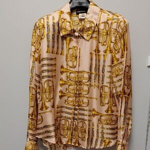 Louis Feraud Ladies Gold and Cream Instrument Print Shirt, Size 12
